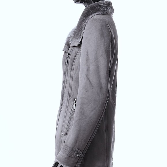 Women's Gray Faux Fur Collar Coat - Picture 5 of 14